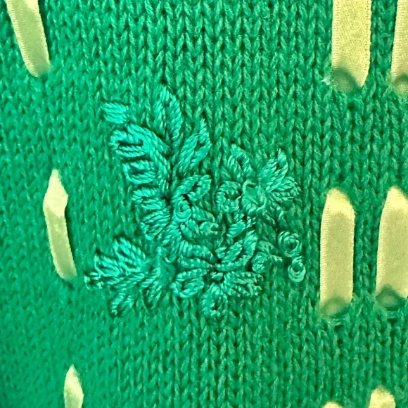 Cervelle Green Crochet Trim Whimsical Knit Sweater Ribbon Embroidered Floral L - Picture 14 of 15